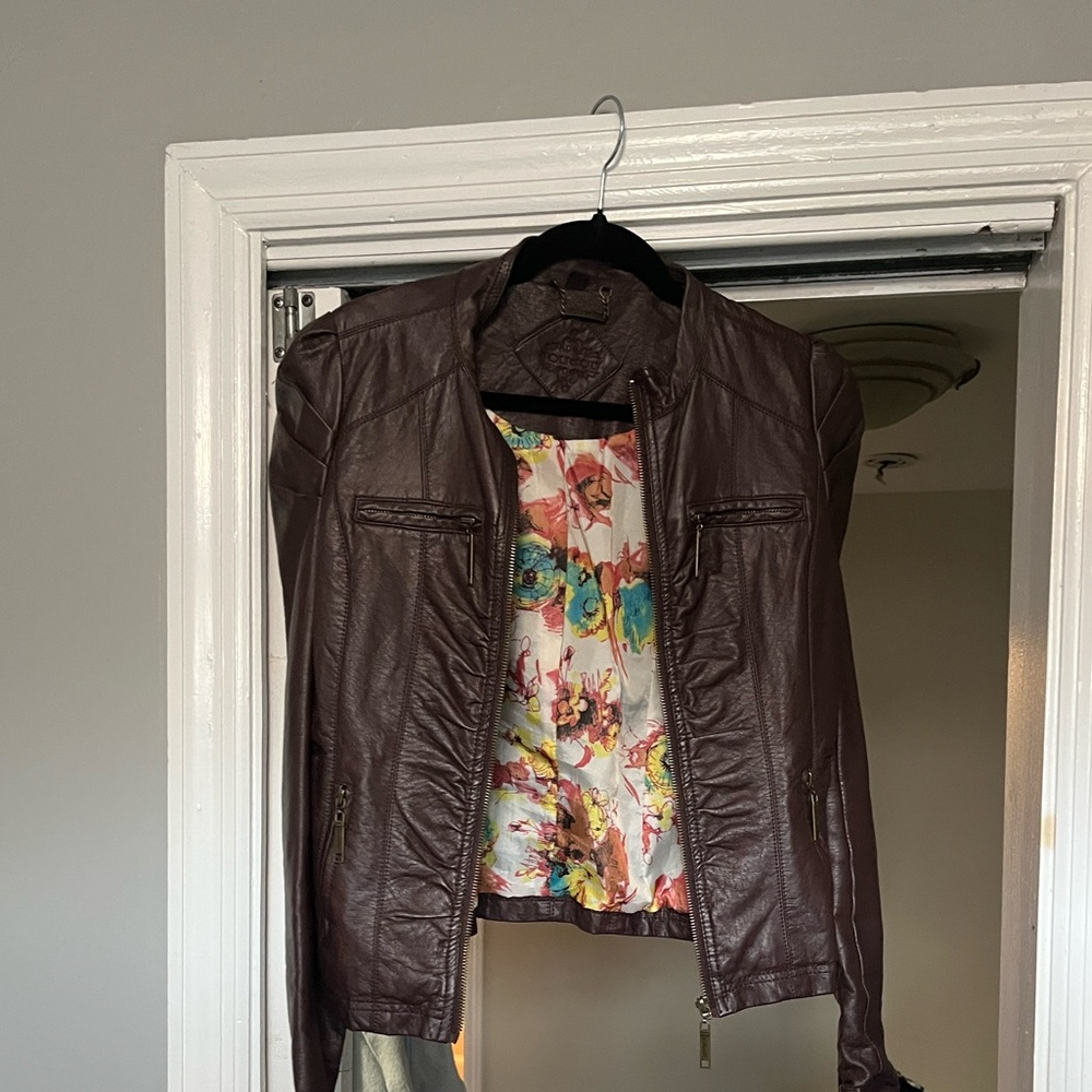 Women’s Brown Leather Moto Jacket with Floral Lining